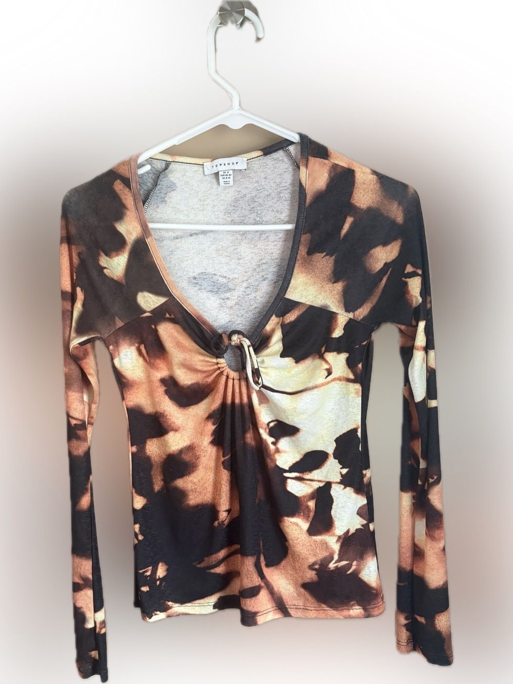 Topshop Brown & Black Abstract Ring-Detail Long Sleeve Top